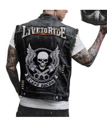 Biker-Jeansweste mit Patch – Café Racer Winged Skull vous aussi creer 