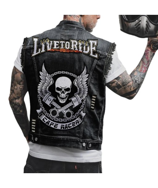 Biker-Jeansweste mit Patch – Café Racer Winged Skull vous aussi creer 